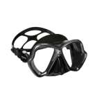 Black diving mask with a flexible strap, designed for underwater visibility.