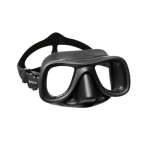 Black scuba diving mask with a flexible silicone skirt and adjustable strap.