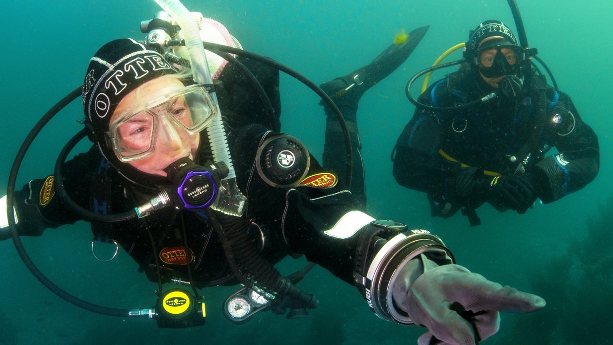 Two divers exploring the underwater environment, one pointing ahead while wearing diving gear, including masks, tanks, and wetsuits.