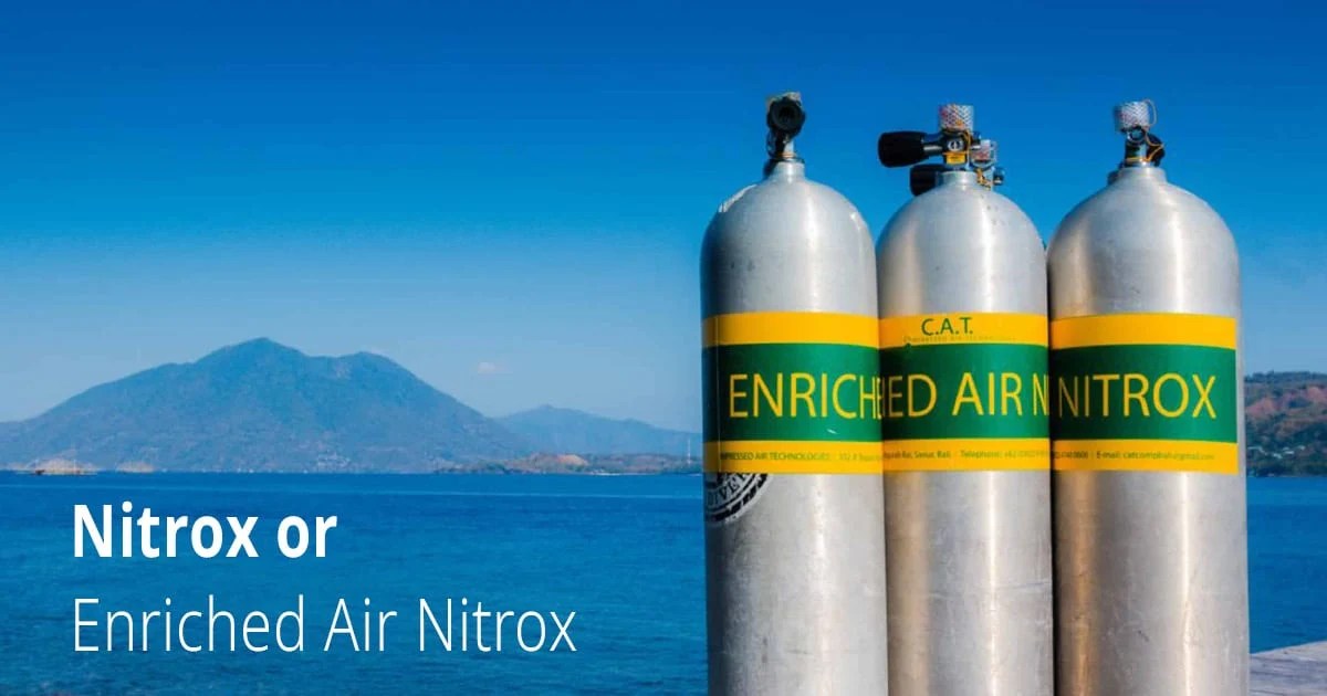 Three diving tanks labeled 'Enriched Air Nitrox' with a scenic mountain and blue water background.
