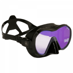 A black scuba diving mask with purple tinted lenses and a strap.