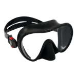 A black diving mask with a silicone skirt and adjustable strap, designed for underwater exploration.