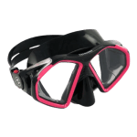 Close-up of a black snorkel mask with pink accents and dual lenses, designed for underwater visibility.