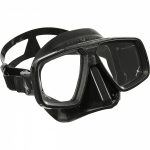 Black scuba diving mask with dual lenses and adjustable straps.