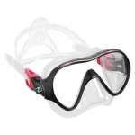 A black and white diving mask with a pink strap, designed for underwater exploration.