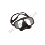 Black scuba diving mask with clear lenses and an adjustable strap.