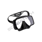 A black scuba diving mask with a clear lens and adjustable straps.
