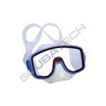A scuba diving mask with a blue frame and a clear lens, secured with a white strap.