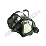 A black scuba diving mask with dual lenses and adjustable straps.