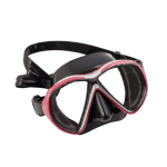 A black scuba diving mask with a pink rim and adjustable strap.