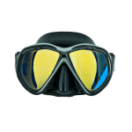 Black scuba diving mask with yellow-tinted lenses