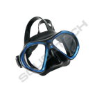 A black diving mask with blue accents, designed for underwater exploration.