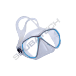 Clear scuba diving mask with blue trim and adjustable straps.