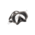 A black scuba diving mask with a wide lens and adjustable strap.
