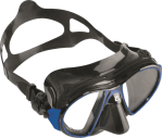A black scuba diving mask with blue accents, featuring a clear lens and adjustable strap.