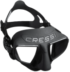Black Cressi diving mask with dual lenses and adjustable strap.