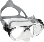 A clear snorkeling mask with a black strap and frame.