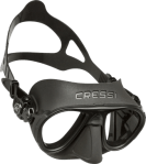 A black diving mask by Cressi with adjustable straps and a dual lens design.