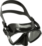A black diving mask with a flexible strap and shatter-resistant lenses.