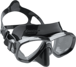 A pair of black scuba diving goggles with a flexible strap.