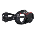 Black and red snorkeling mask with adjustable strap.