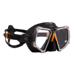 A black diving mask with a sturdy frame and dual lenses, featuring an adjustable strap.