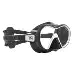 A black and white diving mask with a flexible strap, designed for underwater visibility.
