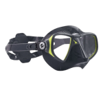 A black and yellow scuba diving mask with a clear lens and adjustable strap.