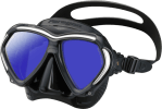 A black scuba diving mask with blue lenses and an adjustable strap.