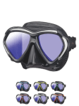 A pair of scuba diving goggles with reflective lenses, displayed alongside six different color variations of similar goggles.
