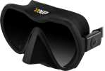 Close-up image of a black diving mask with a smooth design and adjustable strap.