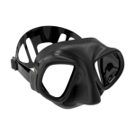 Black scuba diving mask with dual lenses and adjustable strap.