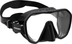 Black scuba diving mask with clear lenses and adjustable strap